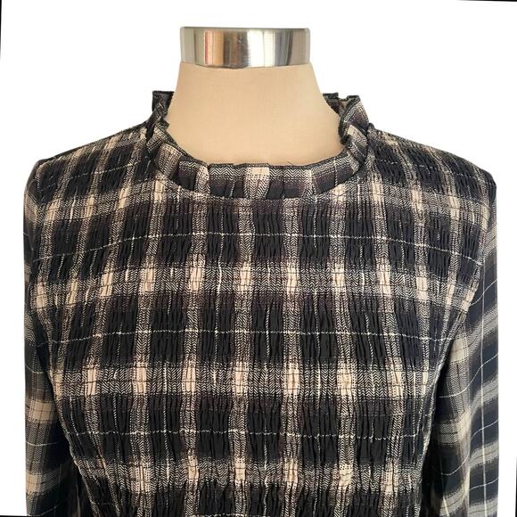 Suzanne Betro Black Tan Plaid Top MED Smocked Bodice Ruffled Peplum Peasant Boho - Picture 2 of 10